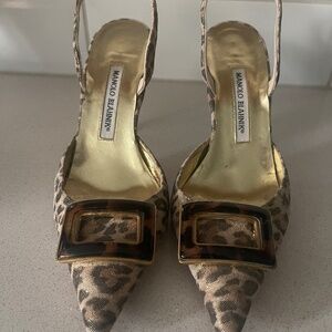 Manolo Blahnik Women’s Size 38.5 Animal Print Pointed Toe Slingbacks